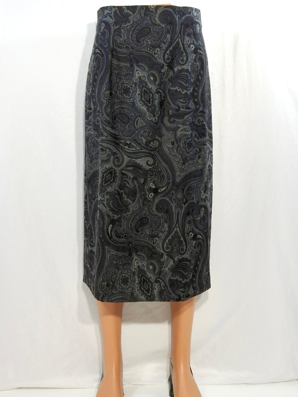 Dressbarn Sz 10 Midi Paisley Pencil Skirt Womens Made in USA Black Grey